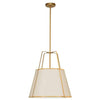 Luminaire suspendu Trapezoid de Dainolite avec abat-jour trapézoïde doré et crème qui diffuse la lumière, tissu blanc et 3 ampoules