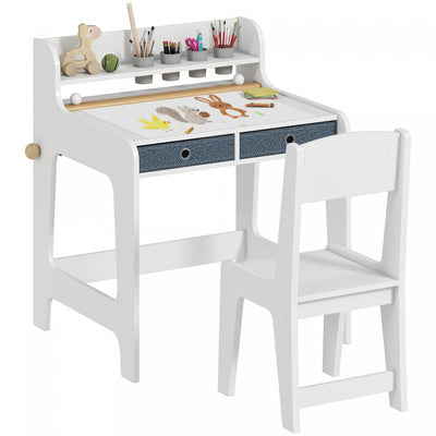 Qaba Kids Desk and Chair Set, Art Table and Chair Set for kids with Hutch & Drawers, Student Writing Table for 3-8 Year Old, Bedroom, Study Room, Nursery