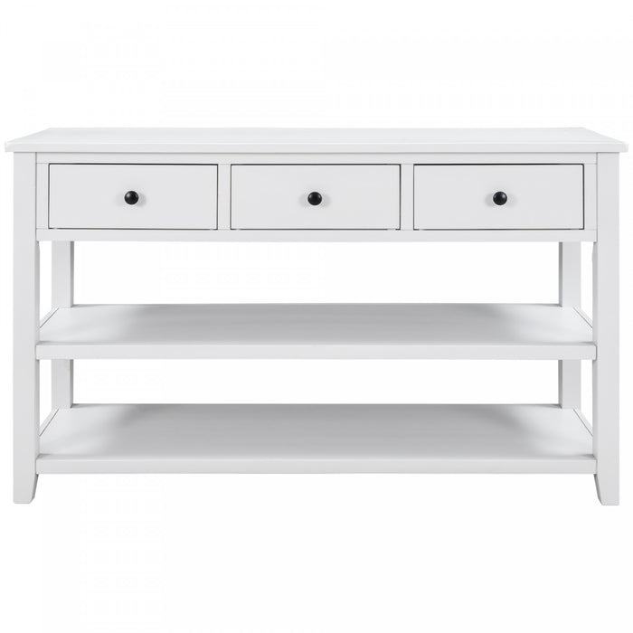 Console Wendy En Bois Massif Avec 3 Tiroirs Et 2 Etageres Ouvertes, Blanc Antique