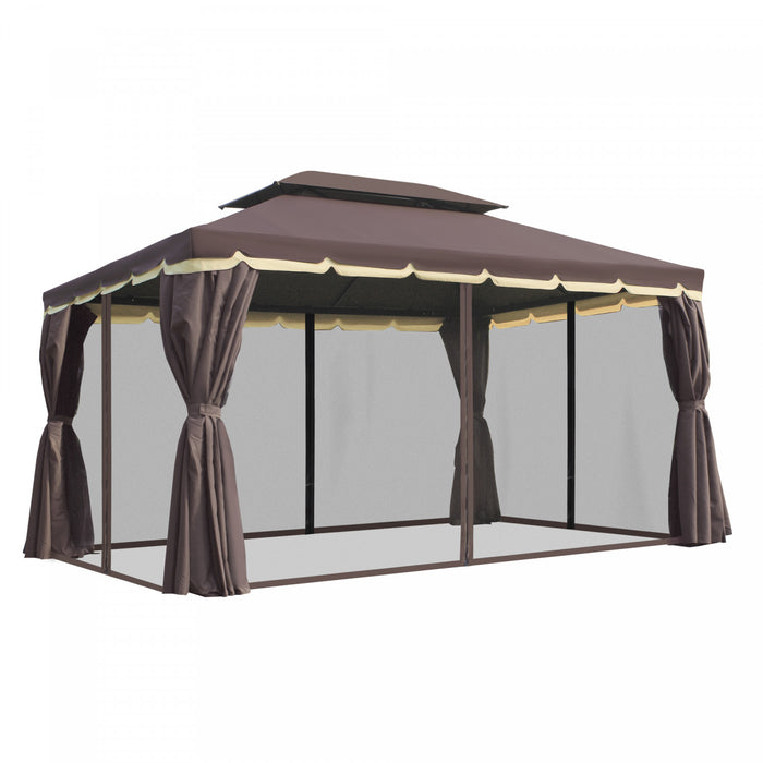 Outsunny 10 X 13pi Cadre En Aluminium Gazebo Canopee Abri De Jardin A Deux Niveaux Avec Filet Et Rideaux, Cafe