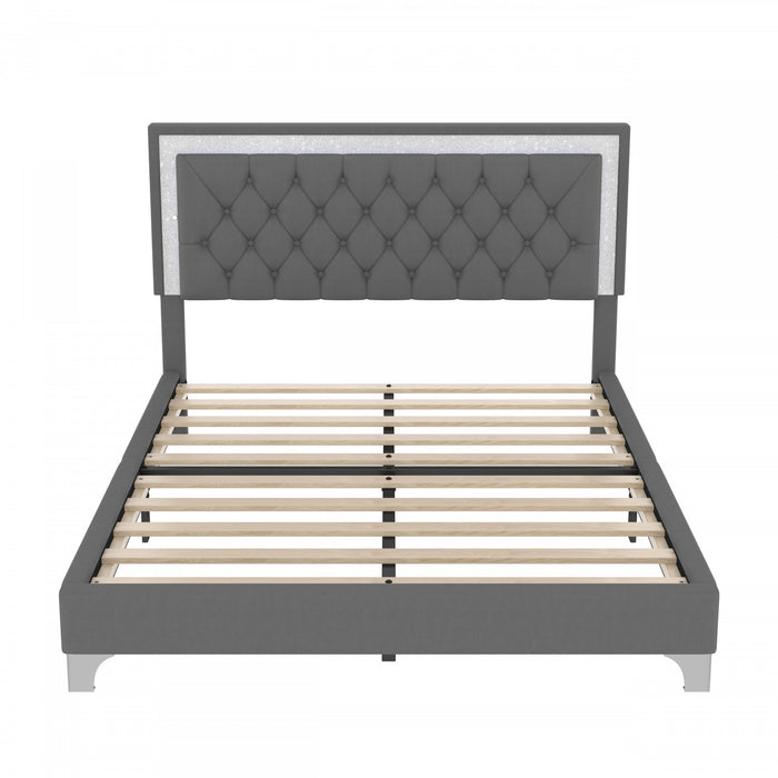 Cadre De Lit Sophia Tapisse Avec Eclairage Led Et Tete De Lit Capitonnee En Velours, Taille Queen, Gris