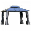 Outsunny 12' X 10' Gazebo A Toit Rigide En Polycarbonate Canopee D'exterieur Toit A Double Niveau Cadre En Aluminium Avec Rideaux, Filet Parois Laterales Patio, Noir