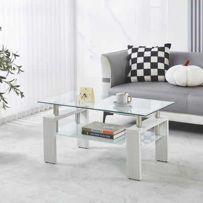 Lucius Modern Geometric Design Tempered Glass Coffee Tablewith Metal Frame and Clear Glass,White | Table basse moderne Lucius au design geometrique en verre trempe avec cadre en metal et verre transparent, blanc
