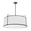 Luminaire suspendu Trapezoid de Dainolite avec abat-jour cylindrique noir et blanc qui diffuse la lumière, tissu blanc, fini noir et 4 ampoules