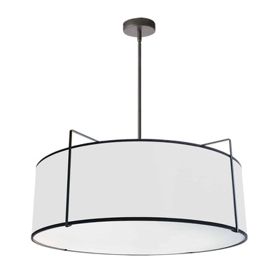 Dainolite Trapezoid 4 Light Pendant Drum Black/White Shade White Fabric Diffuser Black Lamp|Luminaire suspendu Trapezoid de Dainolite avec abat-jour cylindrique noir et blanc qui diffuse la lumière, tissu blanc, fini noir et 4 ampoules