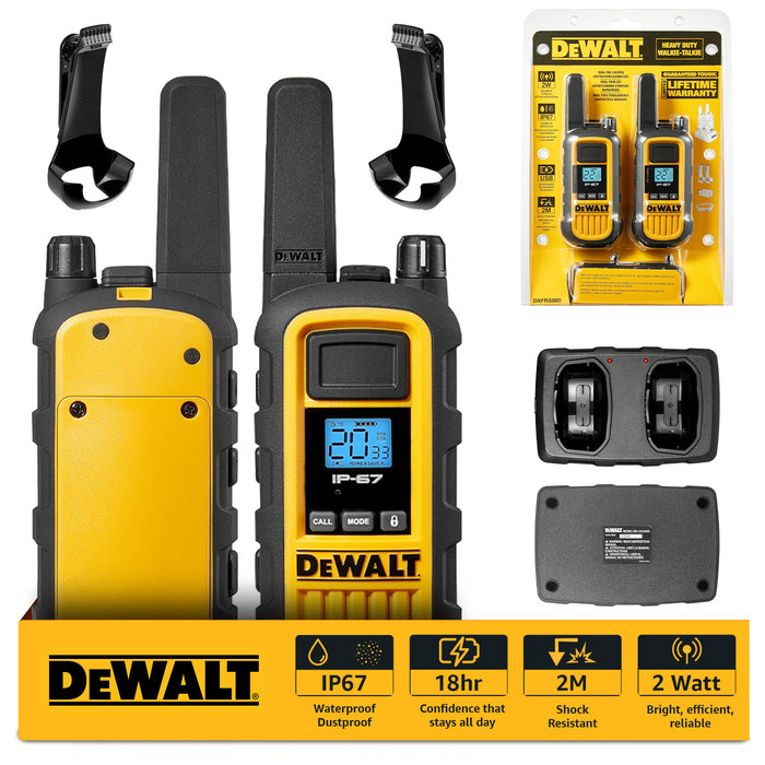 2 talkies de chantier Dewalt DXFRS800 - 2 watts, robustes, longue portée, radios bidirectionnelles intérieures-extérieures + 22 canaux