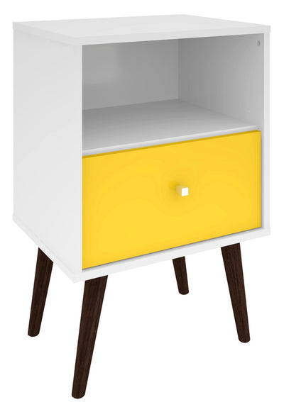 Manhattan Comfort Liberty Mid-Century Modern Nightstand with Cubby Space & Drawer - White & Yellow|Table de nuit Liberty de Manhattan Comfort de style moderne du milieu du 20e siècle avec compartiment et tiroir - blanche et jaune
