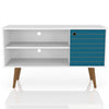 Meuble pour téléviseur Liberty de Manhattan Comfort de 42,52 po de style moderne du milieu du 20e siècle avec 2 tablettes et 1 porte - blanc et bleu turquoise