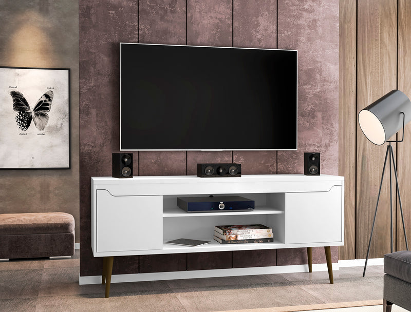 Meuble pour téléviseur Bradley de Manhattan Comfort de 62,99 po avec 2 tablettes multimédias et 2 tablettes de rangement - blanc et brun rustique