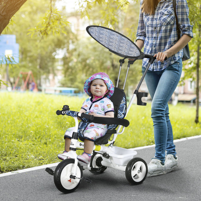 Qaba Tricycle Pour Enfants, Poussette 4 En 1 Avec Guidon Amovible, Barriere De Securite Et Harnais 5 Points, Auvent, Panier De Rangement, Pour Tout-petits De 12 A 60 Mois, Bleu