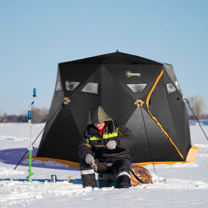 Outsunny Abri De Peche Sur Glace Isole Pour 4 Personnes, Tente De Peche Sur Glace Portable Avec Sac De Transport, Deux Portes Et Ancres Pour -30℃, Noir Et Orange