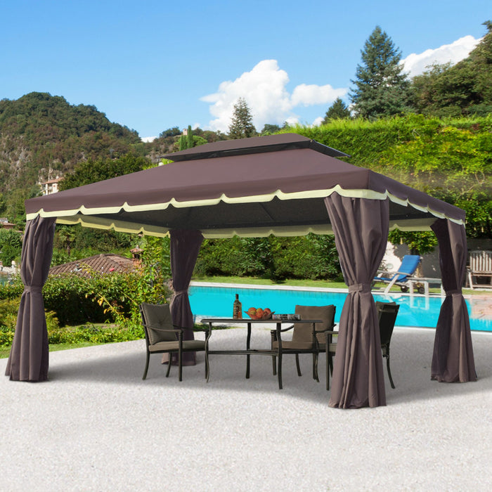 Outsunny 10 X 13pi Cadre En Aluminium Gazebo Canopee Abri De Jardin A Deux Niveaux Avec Filet Et Rideaux, Cafe