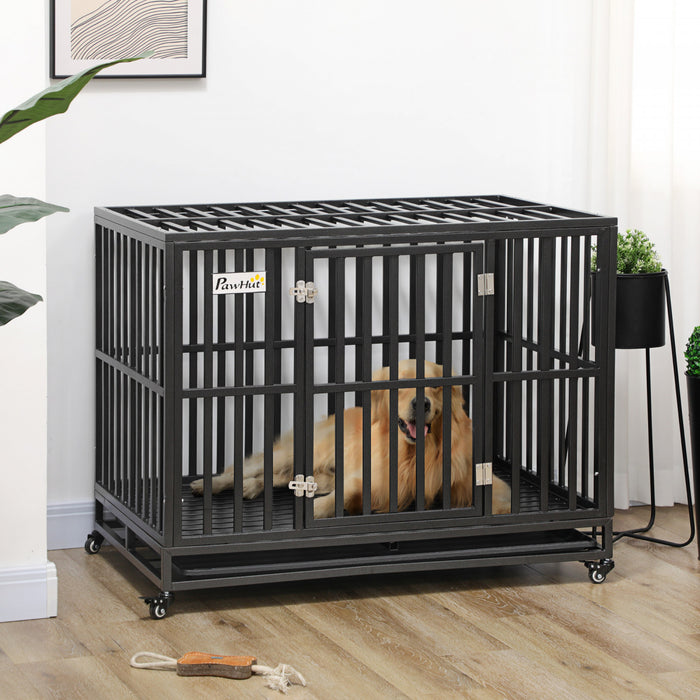 Pawhut Cage En Acier Robuste Pour Chien Avec Roues Pour Portabilite Et 1 Porte Pour Un Acces Pratique Au Sol Anti-pincement Noir