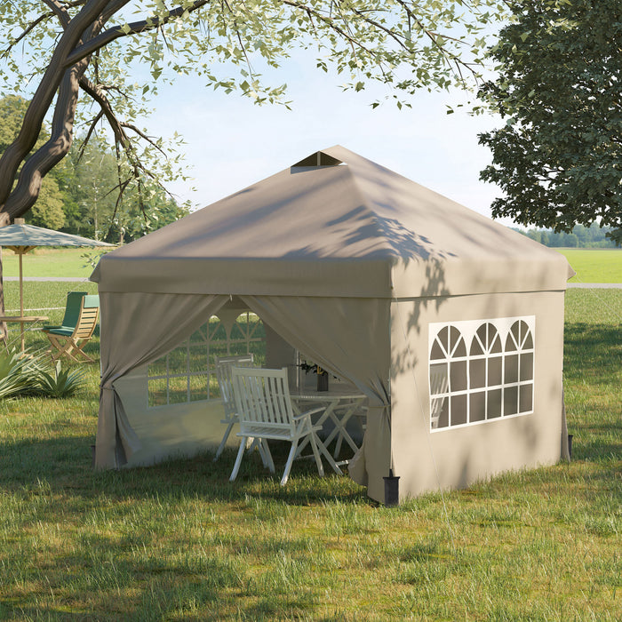 Outsunny Tonnelle Barnum Tente D'auvent Pop Up 10' X 10', Tente D'abri Instantanee Avec Parois Laterales, Fenetres, Sac A Roulettes Pour Jardin, Terrasse, Beige