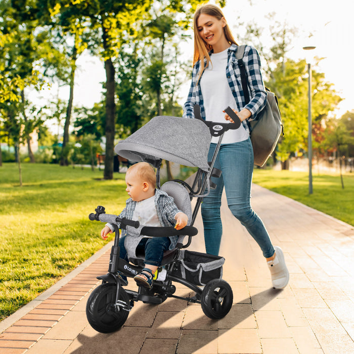 Qaba Tricycle Pour Tout-petits, Poussette De Velo 2 En 1 Pour Bebe Avec Auvent Pliable, Panier De Rangement, Harnais De Securite A 5 Points, Tricycle Pour Enfants De 1 A 5 Ans, Gris