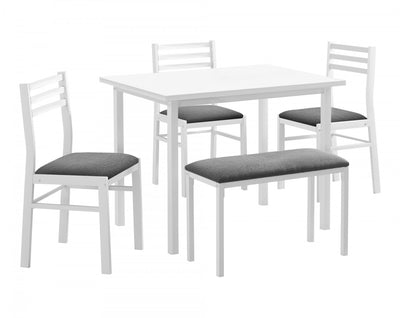 Dining 5-Piece Set Rectangular Kitchen Small White Metal Laminate Grey Fabric Contemporary Modern|Ensemble de salle à manger 5 pièces de style moderne contemporain pour la cuisine avec petite table rectangulaire, métal blanc, stratifié et tissu gris