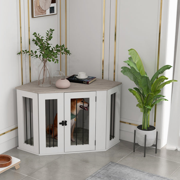 Pawhut Meuble De Cage Pour Chien, 41po Design D'angle, Porte, Serrure, Cage Pour Chien De Style Mobilier D'interieur Pour Chiens De Taille Moyenne, Blanc