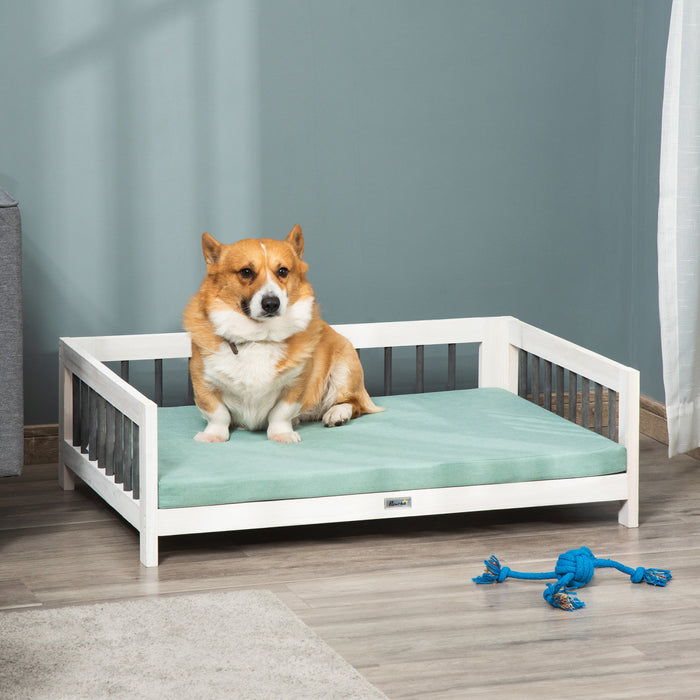 Pawhut Lit Sureleve Pour Chien, Sofa Sureleve En Bois Pour Animaux, Salon Portable Pour Chats Avec Coussin Doux, Housse Lavable Pour Chiens Et Chats De Petite Et Moyenne Taille, Blanc Bleu