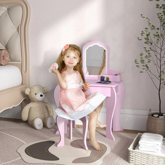 Qaba Table De Vanite Pour Enfants, Vanite De Maquillage Avec Miroir Et Tabouret, Conception De Nuage, Tiroir, Boites De Rangement, Pour 3-6 Ans, Rose