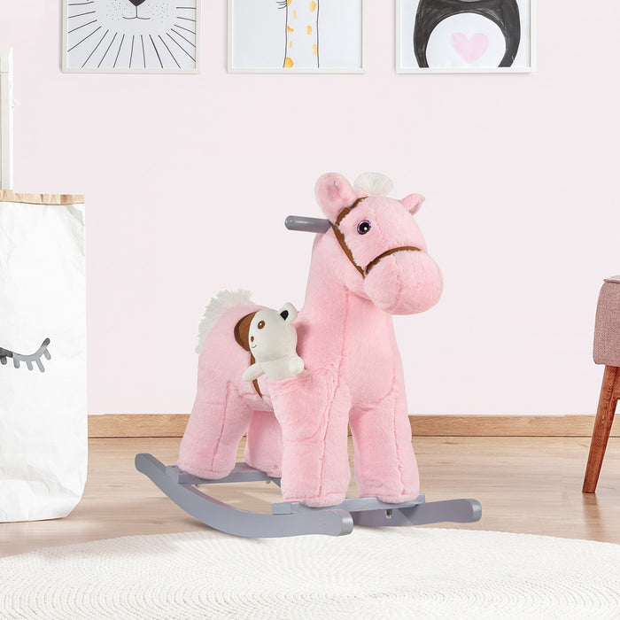 Qaba Cheval A Bascule En Peluche Pour Enfants Avec Ours, Chaise Pour Enfants Avec Peluches Douces Et Sons Interessants Et Realistes Rose