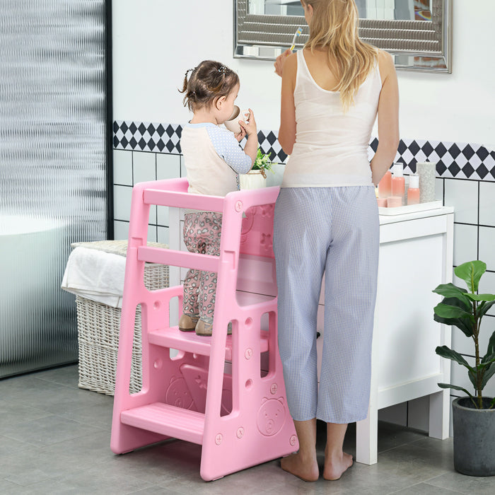 Qaba Tabouret Pour Enfants 2 Marches Avec Plateforme Reglable En Hauteur Et Rail De Securite, Aide De Cuisine Pour Tout-petits, Rose