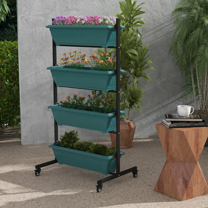 Outsunny Lit De Jardin Sureleve Vertical De 4 Niveaux Avec 4 Boites De Planteur, Roues, Support De Plante Exterieur Cultivent Le Conteneur Avec Des Trous Qui Fuient Pour Patio De Balcon, Vert