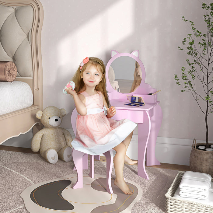 Qaba Table De Vanite Pour Enfants, Vanite De Maquillage Avec Miroir Et Tabouret, Conception De Chat, Tiroir, Boites De Rangement, Pour 3-6 Ans, Rose