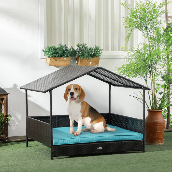 Pawhut Niche D'exterieur En Rotin Pour Chien Avec Auvent D'ombrage, Lit Sureleve En Osier Avec Coussin Doux Et Housse Lavable, Pour Chiens De Taille Moyenne Et Grande, Interieur Et Exterieur, Bleu