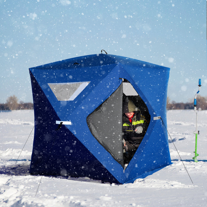 Outsunny 2-4 Personnes Portable Pop-up Tente De Peche Sur Glace Abri De Glace Avec Fenetres De Ventilation Et Sac De Transport Hub Abri Pour Poissons, Bleu