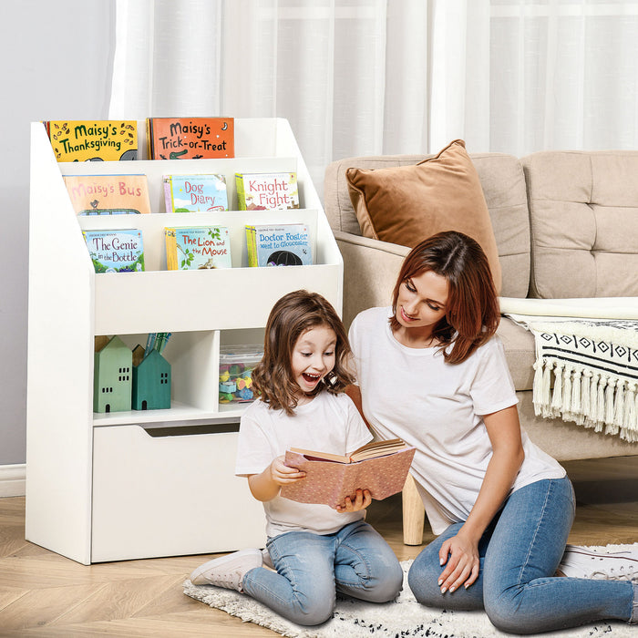 Homcom Bibliotheque Pour Enfants Avec Tiroir Mobile Pour Livres, Magazines, Jouets, Etudes, Chambre A Coucher, Salle De Jeux, Blanc