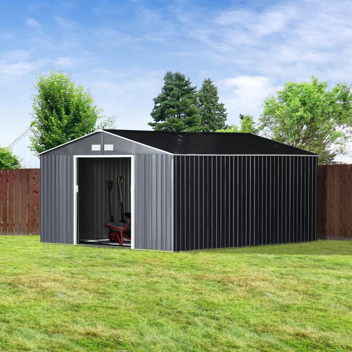 Outsunny 11,2 Pi X 12,5 Pi Remise A Outils De Rangement Pour Jardin A L'arriere, Porte Coulissante Double, 4 Fentes De Ventilation, Gris