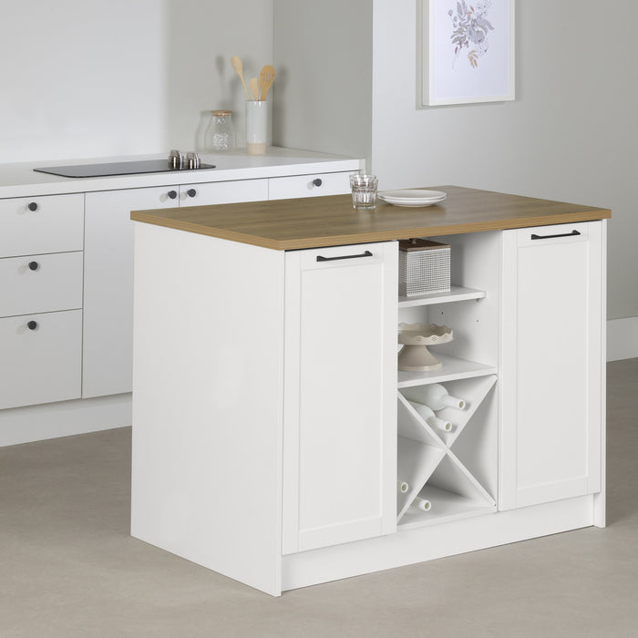 Toscano Ilot De Cuisine 6 Tiroirs Avec Portes Et Rangement A Vin - Blanc Et Erable Noix De Muscade