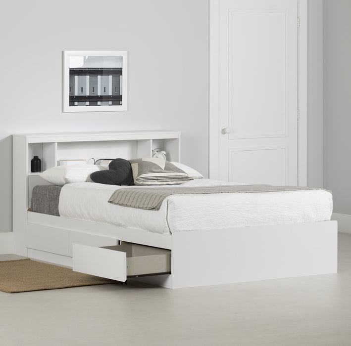 Reevo Ensemble Lit Double Avec Tete De Lit Bibliotheque - Blanc Solide