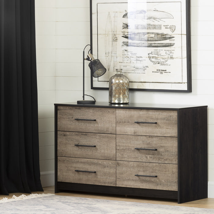 Londen Commode 6 Tiroirs - Noir Antique Et Chene Vieilli