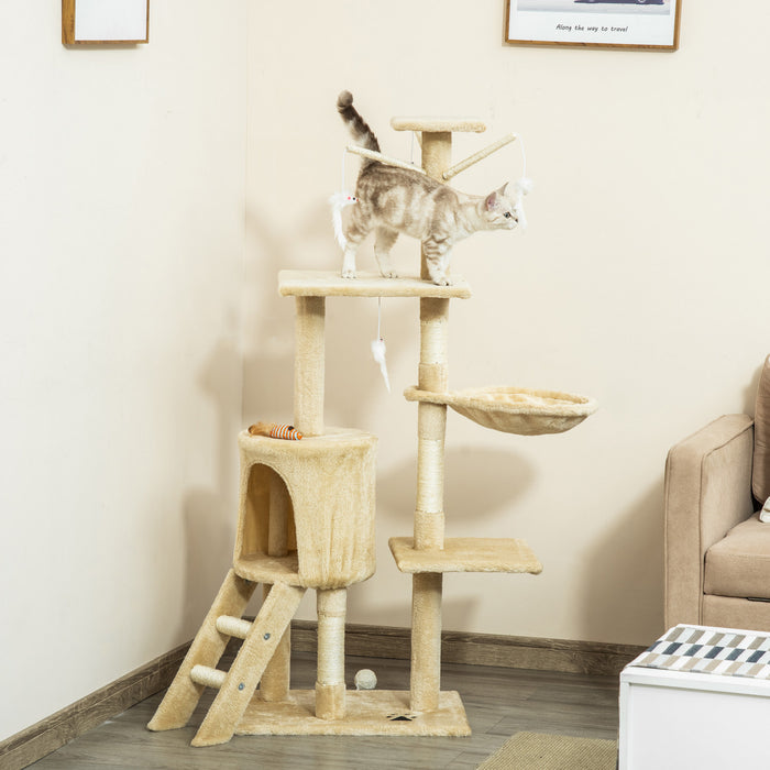 Pawhut Arbre A Chat Multi-niveaux 132 Cm Kitten Playhouse Kitty Centre D'activites Poteau A Gratter Repos Pour Condo Avec Hamac Beige
