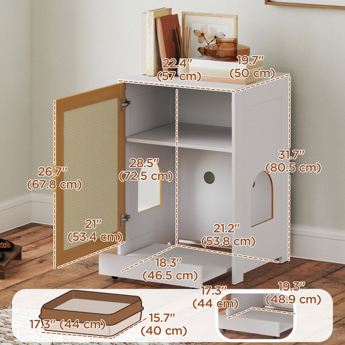 Pawhut Bac A Litiere Pour Chat, Meuble Cache Avec Plateau Coulissant, Toilettes Interieures Pour Chat Avec Armoire De Rangement, Tapis A Gratter, Chene