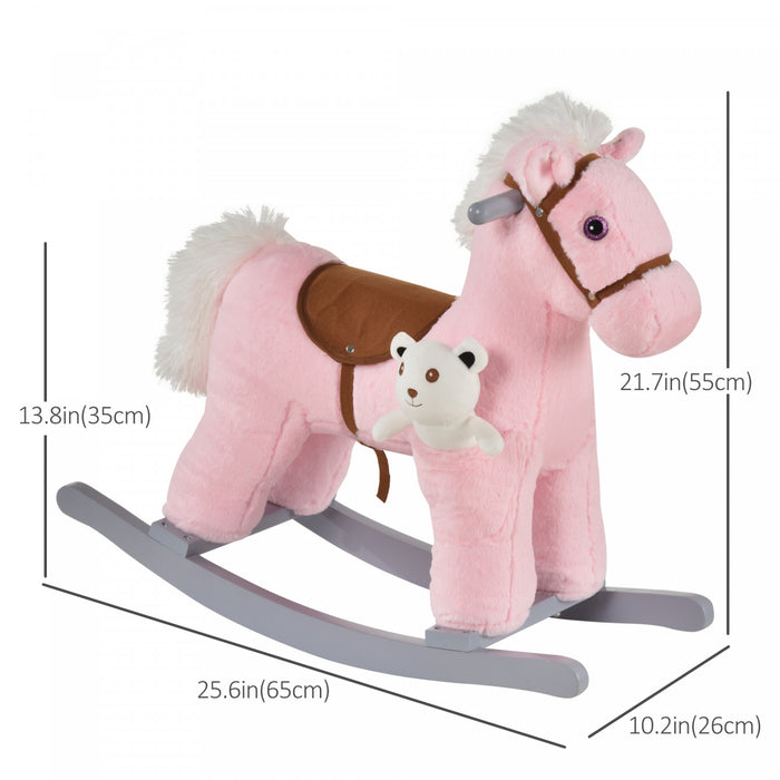 Qaba Cheval A Bascule En Peluche Pour Enfants Avec Ours, Chaise Pour Enfants Avec Peluches Douces Et Sons Interessants Et Realistes Rose