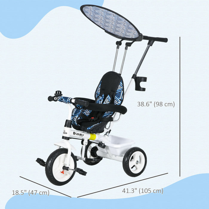 Qaba Tricycle Pour Enfants, Poussette 4 En 1 Avec Guidon Amovible, Barriere De Securite Et Harnais 5 Points, Auvent, Panier De Rangement, Pour Tout-petits De 12 A 60 Mois, Bleu