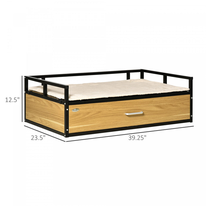 Pawhut Lit Pour Chien Chat Sur Pieds Avec Tiroir Coussin Doux Lavable Grand Confort Espace De Rangement Panneau De Particules 39.25\" X 23.5\" X 12.5\" Noir Chene