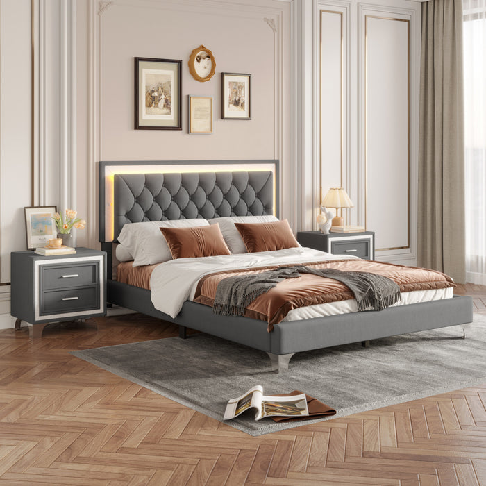 Ensemble De Chambre Sophia 3 Pieces Avec Tete De Lit Capitonnee En Velours, Lit Tapisse Et Eclairage Led, Taille Queen, Gris