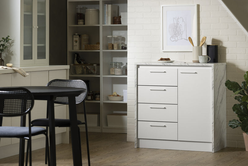 Îlot de cuisine compact Myro avec rangement - imitation de marbre blanc et blanc