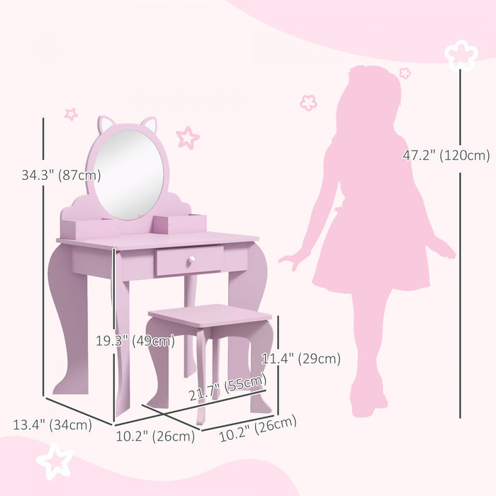 Qaba Table De Vanite Pour Enfants, Vanite De Maquillage Avec Miroir Et Tabouret, Conception De Chat, Tiroir, Boites De Rangement, Pour 3-6 Ans, Rose