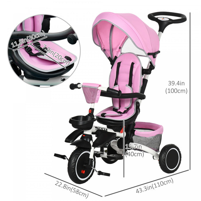 Aosom Tricycle Pour Enfant 7-en-1, Avec Siege Rotatif, Poignee De Poussee Reglable, Harnais De Securite, Auvent Detachable, Repose-pieds Semi-inclinable, Barre De Securite Pour 12-50 Mois, Rose