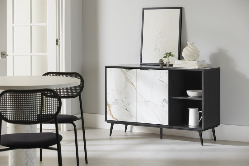 Mezzy Buffet 2 Portes Avec Rangement Ouvert - Chene Noir Et Faux Marbre Blanc