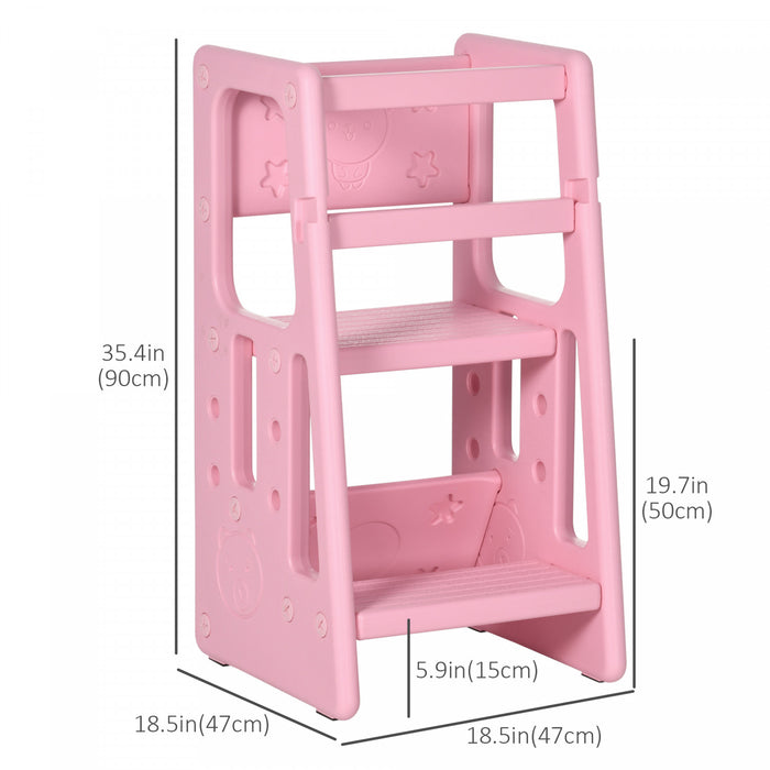 Qaba Tabouret Pour Enfants 2 Marches Avec Plateforme Reglable En Hauteur Et Rail De Securite, Aide De Cuisine Pour Tout-petits, Rose