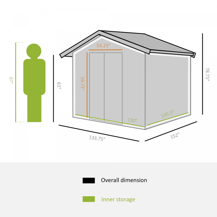 Outsunny 11,2 Pi X 12,5 Pi Remise A Outils De Rangement Pour Jardin A L'arriere, Porte Coulissante Double, 4 Fentes De Ventilation, Gris
