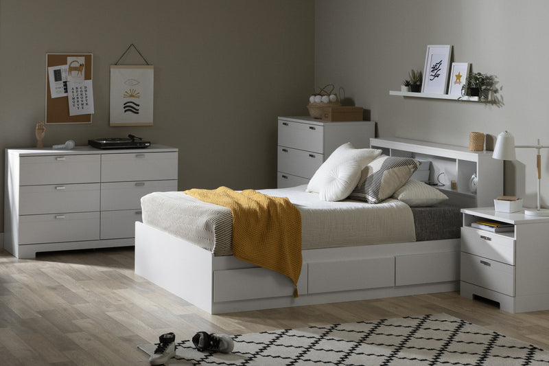 Reevo Ensemble Lit Double Avec Tete De Lit Bibliotheque - Blanc Solide