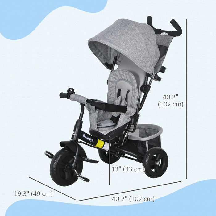 Qaba Tricycle 4 En 1 Pour Tout-petits, Tricycle Pour Enfants Avec Auvent Pliable, Poignee Et Housse Amovibles, Panier De Rangement, Ceinture De Securite A 5 Points, Pour Enfant De 1 A 5 Ans, Gris