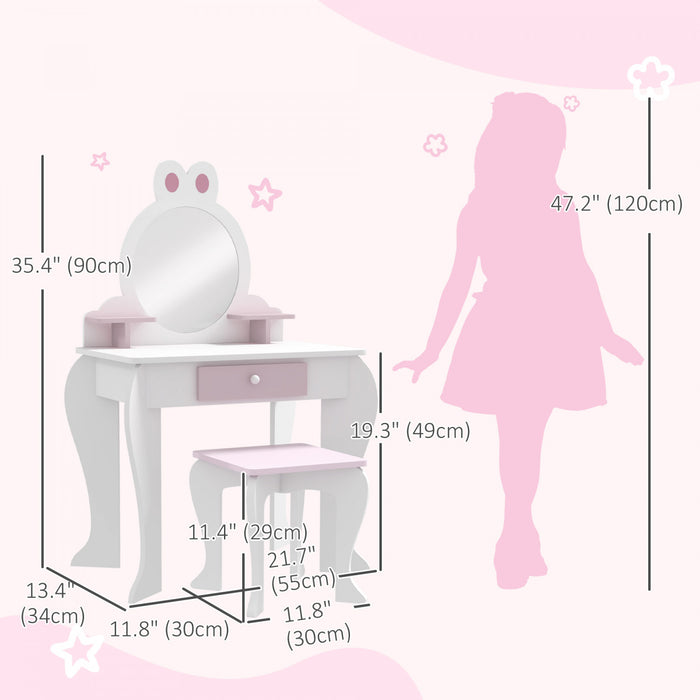 Qaba Coiffeuse Pour Enfants Avec Miroir Et Tabouret, Coiffeuse Pour Filles Avec Tiroir, Boites De Rangement, Vanite De Maquillage Design Lapin, Pour 3-6 Ans, Blanc