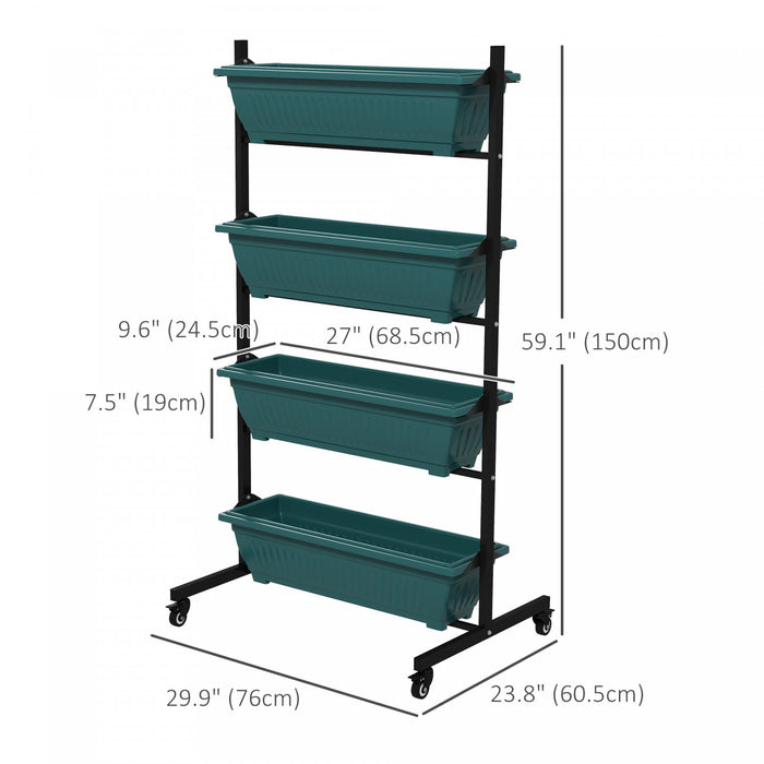 Outsunny Lit De Jardin Sureleve Vertical De 4 Niveaux Avec 4 Boites De Planteur, Roues, Support De Plante Exterieur Cultivent Le Conteneur Avec Des Trous Qui Fuient Pour Patio De Balcon, Vert